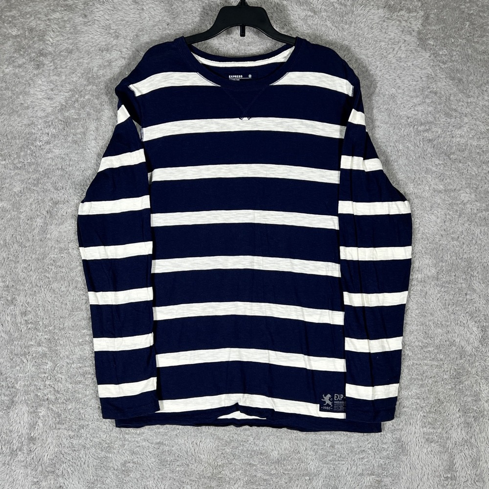 Express Mens Fitted Tee Long Sleeve Navy Blue White Striped Cotton Shirt L